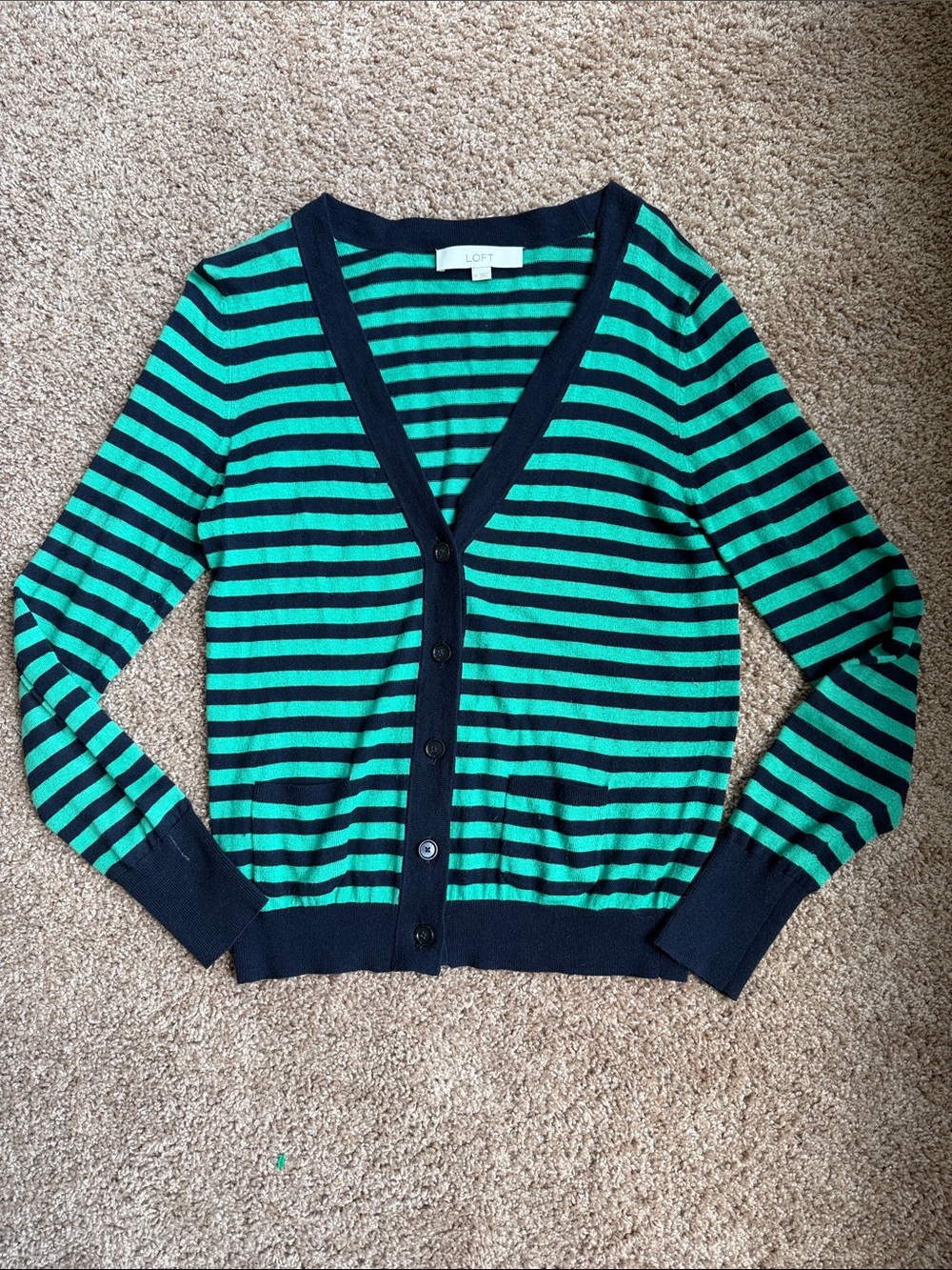 LOFT Green and Navy Striped Button-Front V-Neck Cardigan